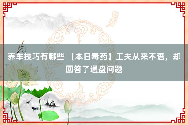 养车技巧有哪些 【本日毒药】工夫从来不语，却回答了通盘问题